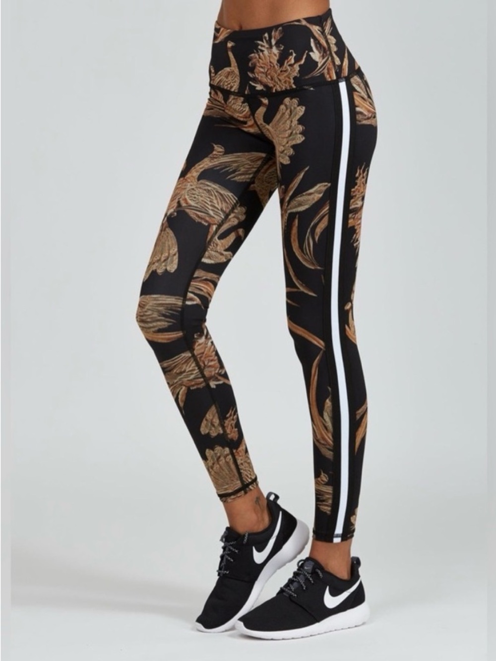 High-Rise Black & Gold Leggings with graphic bold Print & Side Stripe